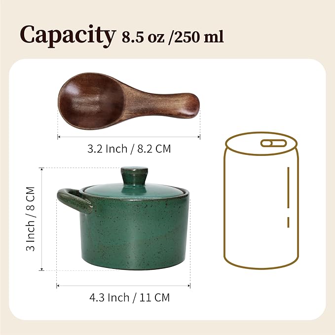 Handcrafted Speckled Ceramic Salt Cellar with Wooden Spoon, Rustic Vintage Spice Jar, Dishwasher Safe, 8.45 fl oz (Vintage Green set of 2)