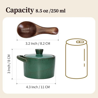 Handcrafted Speckled Ceramic Salt Cellar with Wooden Spoon, Rustic Vintage Spice Jar, Dishwasher Safe, 8.45 fl oz (Vintage Green set of 2)