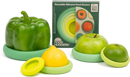 Food Huggers 5pc Reusable Silicone Food Savers | BPA Free | Plastic Free Food Storage | Dishwasher Safe | Fruit & Vegetable Produce Storage for Onion, Tomato, Lemon, Banana & Cans | Round, Sage Green