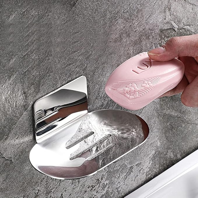 Adhesive Soap Dish, Bath Soap Dish for Shower, 304 Stainless Steel Wall Mounted Bar Soap Holder for Bathroom Kitchen- No Drilling (Chrome)