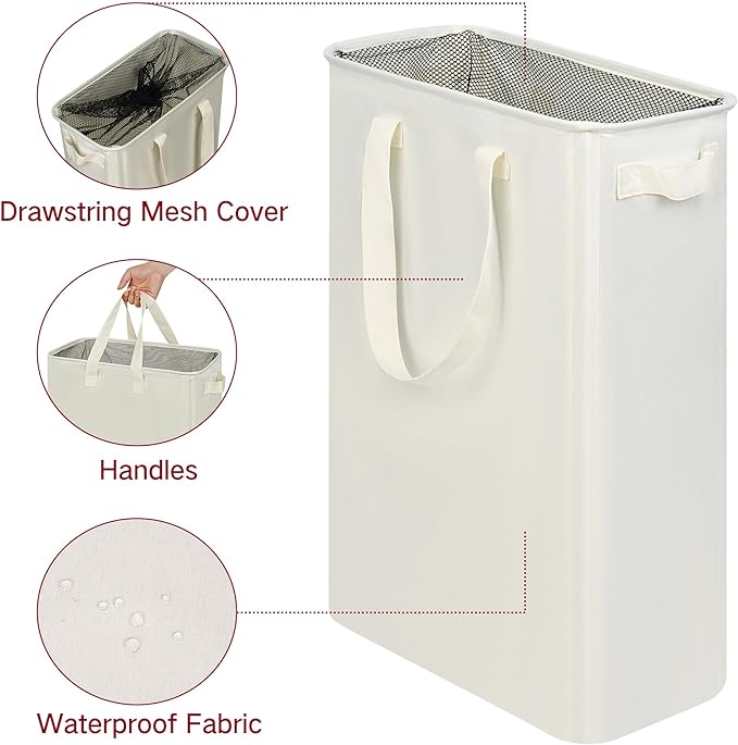 efluky Slim Laundry Basket, Narrow Laundry Hamper with Handles, Collapsible Dirty Clothes Hamper, Tall Laundry Bin for Laundry Room, Dorm and Bedroom, 19.8 Gallon (75L) Beige