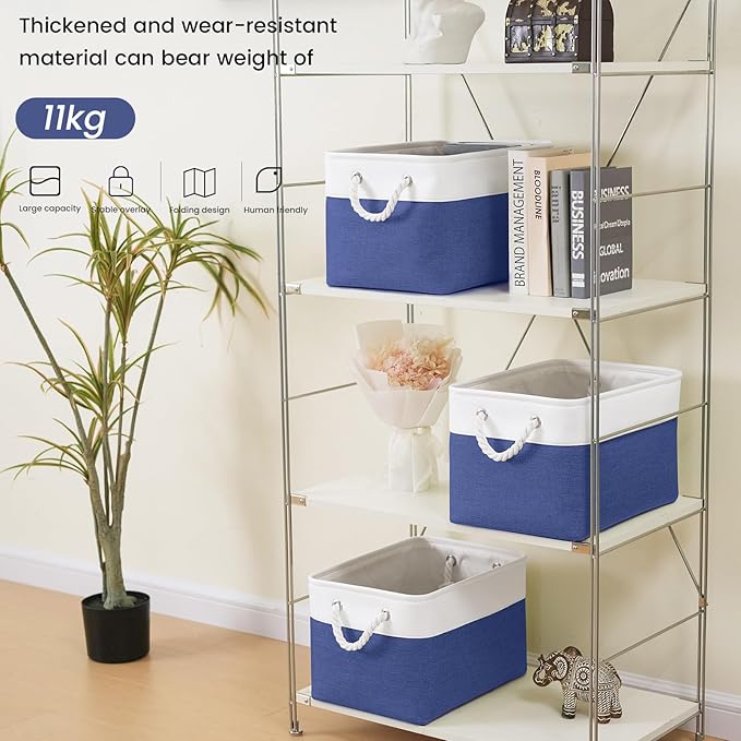 Large Storage Baskets- 15x11x10 inch Storage Bins for Shelves and Closet Organizing, Foldable Fabric Bin for Home Organization Clothes and Laundry (3-Pack, White&Blue)