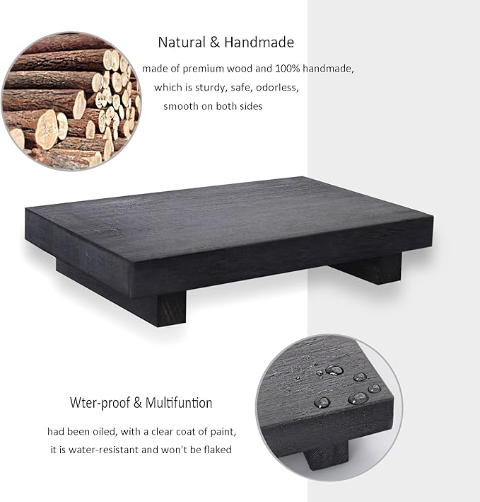 zoocatia Small Wood Tray Pedestal Stand Farmhouse Bathroom Decor Decorative Wooden Riser Kitchen Soap Dish Holder for Vanity, Counter, Sink, 9" x 5.9" - Black