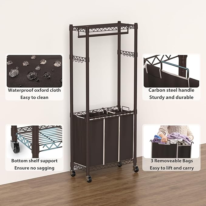 Hodonas 3-Section Laundry Sorter With Hanging Bar, Rolling Hamper Cart, Basket Organizer, Hanging Rack, Lockable Wheels and Removable Bags for Clothes Storage, Espresso
