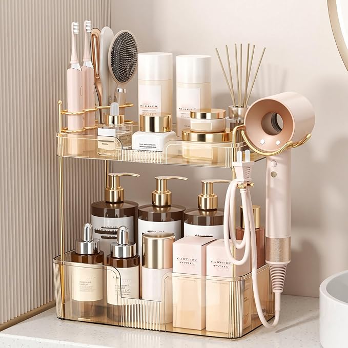 Bathroom Counter Organizer for Vanity, Makeup Organizer Countertop with Holder, Large Capacity Storage Rack, Perfect Large Skincare, Hair Care, Perfume, Easy to Install (Gold, 2Tiers)