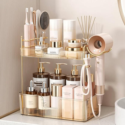 Bathroom Counter Organizer for Vanity, Makeup Organizer Countertop with Holder, Large Capacity Storage Rack, Perfect Large Skincare, Hair Care, Perfume, Easy to Install (Gold, 2Tiers)