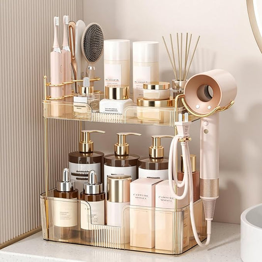 Bathroom Counter Organizer for Vanity, Makeup Organizer Countertop with Holder, Large Capacity Storage Rack, Perfect Large Skincare, Hair Care, Perfume, Easy to Install (Gold, 2Tiers)