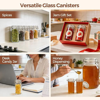 ComSaf 4 oz Glass Spice Jars with Airtight Clamp Lids, 6 Pack Small Swing Top Glass Containers for Herb Storage, Pantry Organization, Party Favors & DIY Gifts - Includes Funnel & Labels