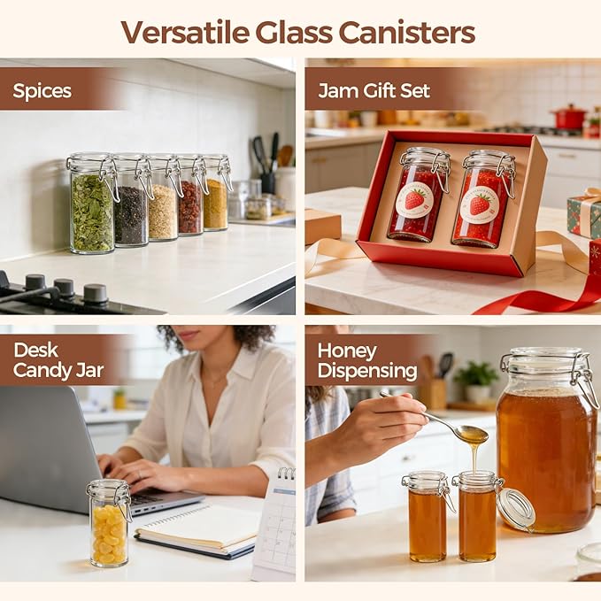 ComSaf 12 Pack 4 oz Glass Spice Jars with Airtight Swing Top Lids, Small Clear Containers for Pantry Organization, Herb Storage, DIY Crafts & Gifts - Complete Set Includes Funnel & Spice Labels