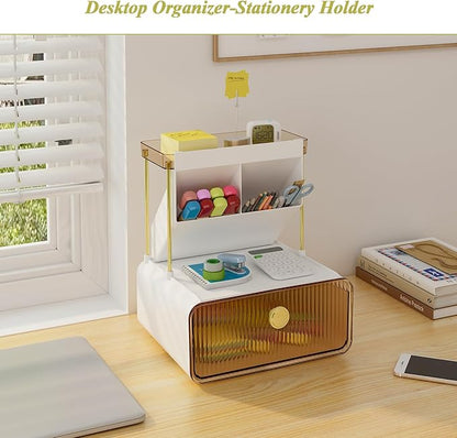 FOLLOWIN 3 Tiers Makeup Organizer with Drawer, Cosmetic Display with Lipsticks Brush Holder, Cosmetics and Beauty Supplies Organizers for Vanity, Dresser, Bathroom Desktop Countertop Organizer, Amber