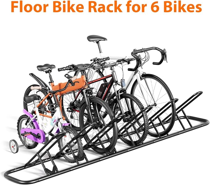 Mr IRONSTONE Floor Bike Rack for Garage, Indoor Outdoor Bicycle Storage Stand, Bike Parking Rack for Mountain, Road & Kids Cycles (Black, 6-Slot)