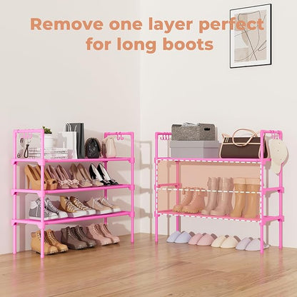 LANTEFUL 3 Tier Shoe Rack for Closet, Shoe Organizer with 5 Hooks, Long Shoe Shelf Storage for Shoe and Boot Stackable Free Standing Shoe Rack for Entryway, Garage, Small Spaces, Dorm, Pink
