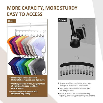 ZEDODIER Hat Hanger Hat Rack for Baseball Caps, 30 Hooks, Space Saving Hat Holder Closet Organizers and Storage, Silver