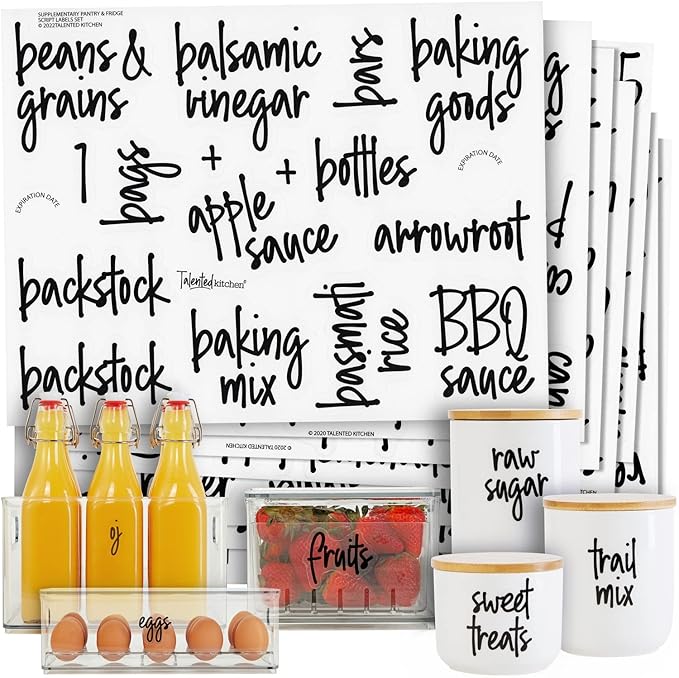 Talented Kitchen 158 Food Container Labels - Durable Waterproof Adhesive - Clear Script Sticker Design for Pantry & Fridge - Freezer Labels & Symbol Stickers - Clear & Black Laminated Paper