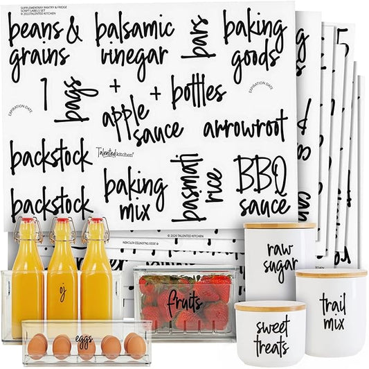 Talented Kitchen 158 Food Container Labels - Durable Waterproof Adhesive - Clear Script Sticker Design for Pantry & Fridge - Freezer Labels & Symbol Stickers - Clear & Black Laminated Paper