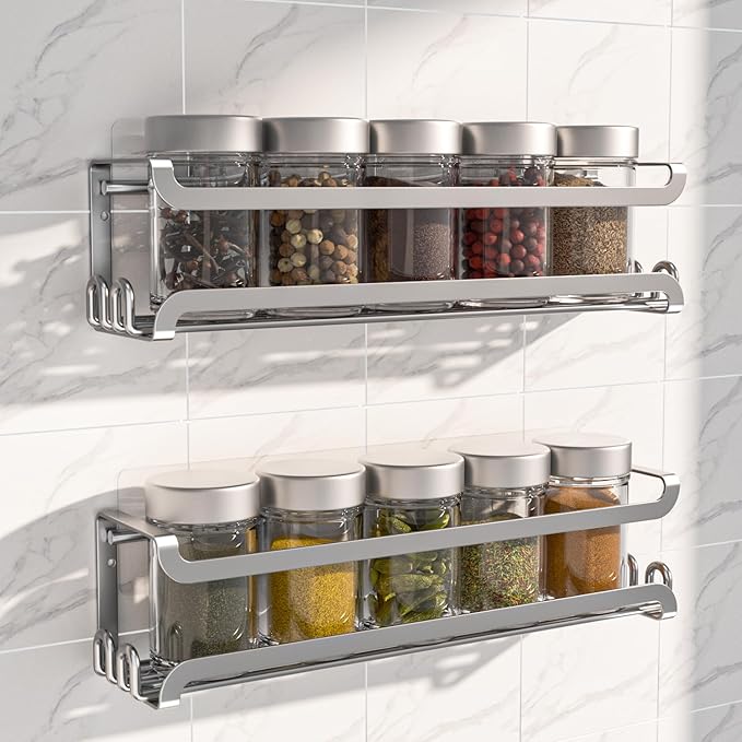 LUCYCAZ 2 Pack Wall Mounted Spice Rack with 8 Hooks, Spice Organizer Shelf for Stove Cabinet Pantry Door,Screw or Adhesive Spice Shelf Hanging Wall Spice Rack in Kitchen and RV (Silver, 2 PACK)