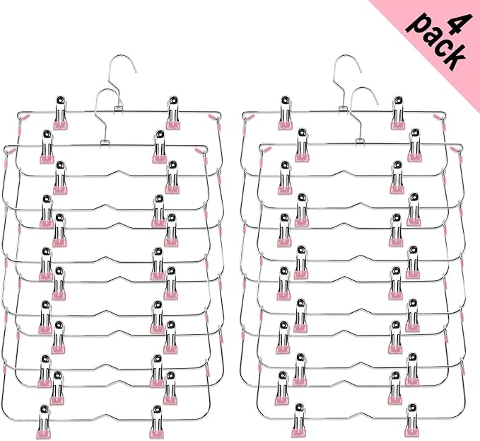 Skirt Pants Hangers with Clips,6Tier Skirt Hangers Space Saving,Metal Multi Pants Hangers and Storage Multi Clothes Shorts Hanger Organization,Space Saving Hangers with Clips (Pink, 4-Piece Set)