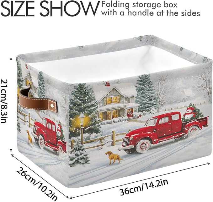 Christmas Tree Red Truck Foldable Fabric Storage Bin Cube with Handles for Shelf Closet, Nursery Bedroom
