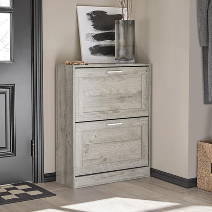 SoBuy Shoe Storage Cabinet Entryway, Slim Shoe Rack Freestanding, Narrow Shoe Organizer 2 Flip-Drawers Shoe Cupboard for Mudroom Front Door Entrance Hallway Bedroom, FSR137-HG (Grey)