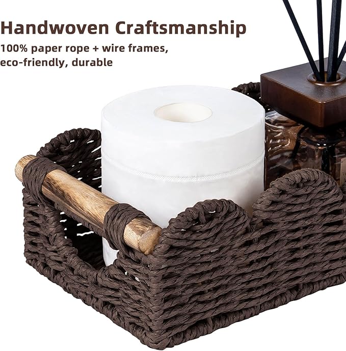 CubesLand Bathroom Basket Organizer w/Cut Out Handle, Back of Toilet Paper Storage Baskets Tray for Bathroom Countertop Decorative, Scalloped Wicker Basket Also for Home Decor, Living Room, Brown