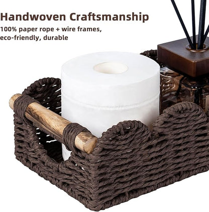 CubesLand Bathroom Basket Organizer w/Cut Out Handle, Back of Toilet Paper Storage Baskets Tray for Bathroom Countertop Decorative, Scalloped Wicker Basket Also for Home Decor, Living Room, Brown