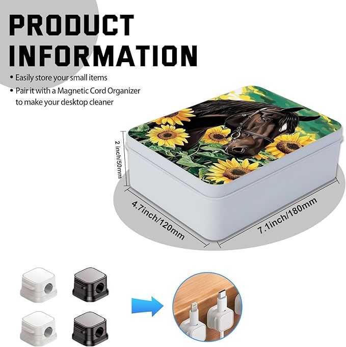 Metal Tin Box with Lid for Game Cards Home Large Organizer Candles Keys Crafts Storage - Comes with 4 Magnetic Cord Clips，Horses and Sunflowers