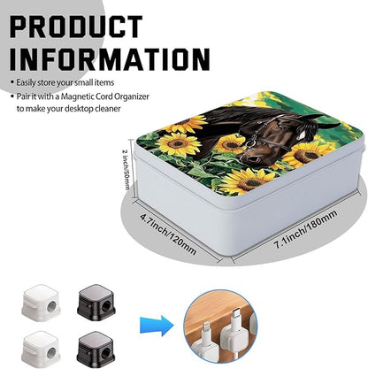 Metal Tin Box with Lid for Game Cards Home Large Organizer Candles Keys Crafts Storage - Comes with 4 Magnetic Cord Clips，Horses and Sunflowers