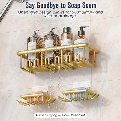 8 Pack Adhesive Rustproof Shower Caddy with Soap Dishes, Toothbrush Holder & Hooks, Large Capacity No-Drilling Shower Shelves Rack for Bathroom Organizers and Storage Accessories, Gold