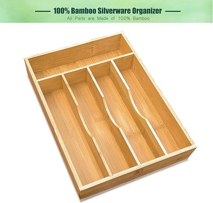 guiogc Bamboo Kitchen Drawer Silverware Organizer, 9 Inch Silverware Utensils Tray Holder for Small Drawer, Cutlery Tray, Wood Caddy for Flatware Cutlery Knives 5-Slots