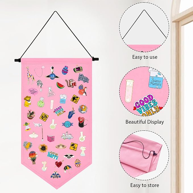 Winmany Wall Hanging Brooch Jewelry Storage Case Canvas Display Stand Enamel Pin Display Banner Holder Earrings Necklace Glitter Pin Collection Organizer (Pink)