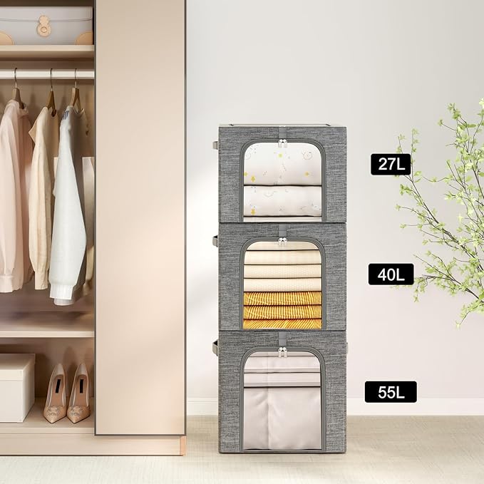 GoMaihe Clothes Storage Bins Metal Frame: 3-Pack Compact Stackable Closet Storage Bin with Lid & Clear Window, Space Saving Organizer for Sweaters Kids Clothes (Dorm/Closet 27L)