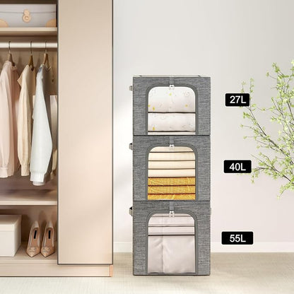 GoMaihe Clothes Storage Bins Metal Frame: 3-Pack Compact Stackable Closet Storage Bin with Lid & Clear Window, Space Saving Organizer for Sweaters Kids Clothes (Dorm/Closet 27L)