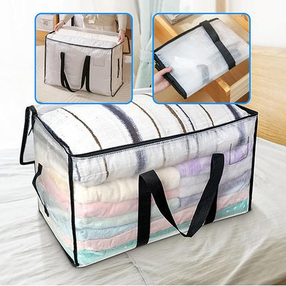 4-Packs Extra Large Heavy Duty Moving Bags, Waterproof Storage Totes with Handles & Zippers Storage Bags Totes for Clothes Packing, Dorms, College Supplies, Space Saving, Clear