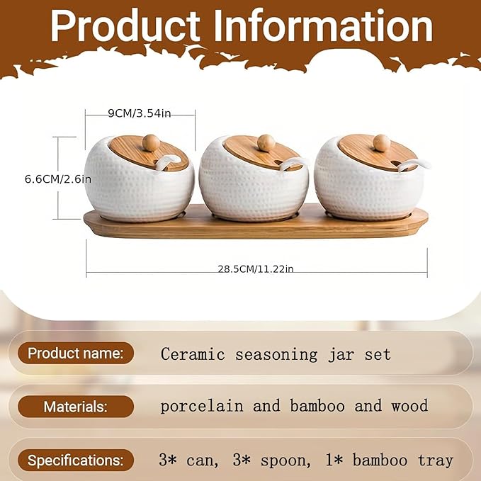 Ceramic Seasoning Container Spice Jar, Home Kitchen Seasoning Box Food Storage Container with Bamboo Lid and Bamboo Tray, Ceramic Spoon 200 ml (7 oz), Set of 3 Bottles, Suitable for Kitchen