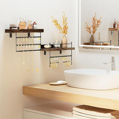 Lolalet Hanging Jewelry Organizer Wall Mount with Earrings, Bracelets, Necklaces Hooks - Easy Install Free Combination Jewelry Holder for Wall Bathroom - Set of 2, Brown