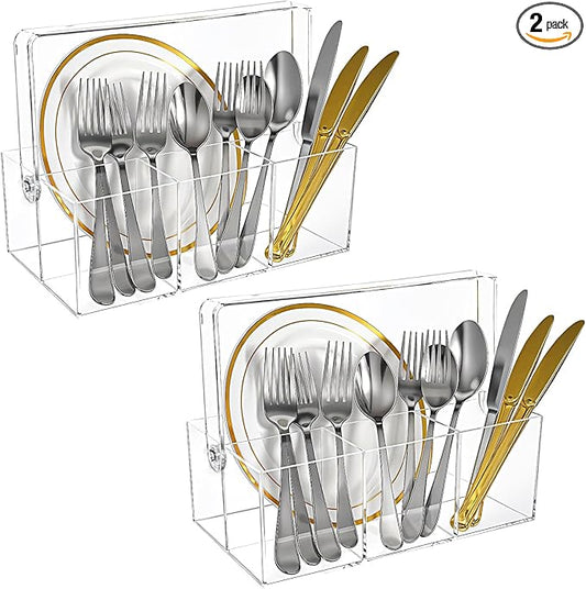 2 Pack Silverware Organizer, Paper Plate Holders, Cutlery and Flatware Caddy for Countertop, Table, Buffet, and Picnic - Acrylic Party Utensil Holder for Knives, Forks, Spoons, Plates, Napkins