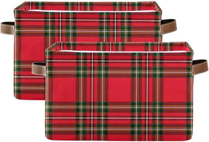 Red Green Tartan Plaid Christmas Large Storage Basket Cube Storage Bin Canvas Fabric Organizer Handles Collapsible Decorative for Clothes Bedroom