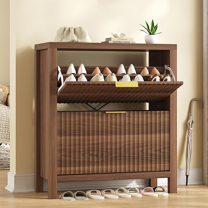 YOMILUVE Shoe Cabinet Storage for Entryway, Fluted Shoe Cabinet with 2 Flip Drawers, Hidden Shoe Rack Tall Freestanding Shoe Organizer with Legs for Hallway, Walnut