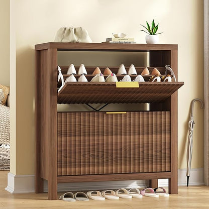 YOMILUVE Shoe Cabinet Storage for Entryway, Fluted Shoe Cabinet with 2 Flip Drawers, Hidden Shoe Rack Tall Freestanding Shoe Organizer with Legs for Hallway, Walnut