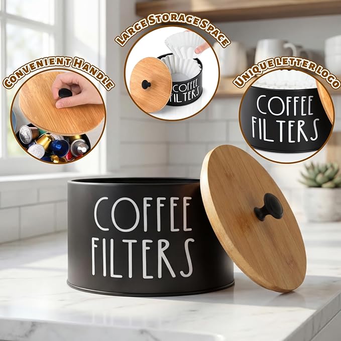 Coffee Filter Holder, Large Capacity Coffee Filter Storage Container with Bamboo Lid, Metal Coffee Filter Dispenser Pod Organizer Basket Accessory for Bar Counter Decor