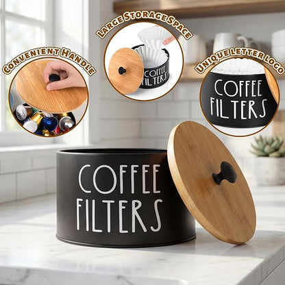 Coffee Filter Holder, Large Capacity Coffee Filter Storage Container with Bamboo Lid, Metal Coffee Filter Dispenser Pod Organizer Basket Accessory for Bar Counter Decor