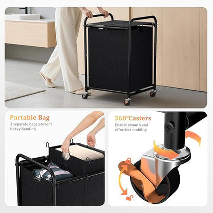 120L (31.7 Gal) Laundry Sorter 2 Section, Rolling Laundry Basket with Lockable Wheels and Lid, Laundry Hamper with 2 Separated Removable Bags Dirty Clothes Hamper for Laundry Room Organizer, Black