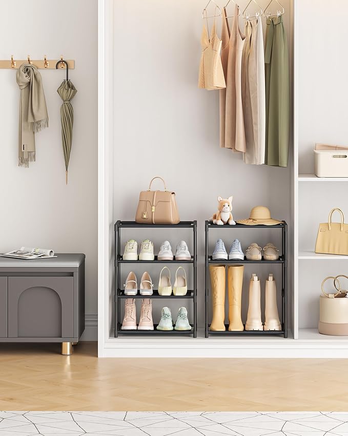 HITHIM 4 Tiers Small Shoe Rack,Narrow Stackable Shoe Shelf Organizer,Sturdy Shoe Stand, Non-Woven Fabric Metal Shoe Racks for Entryway, Doorway and Bedroom Closet
