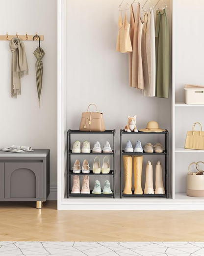 HITHIM 4 Tiers Small Shoe Rack,Narrow Stackable Shoe Shelf Organizer,Sturdy Shoe Stand, Non-Woven Fabric Metal Shoe Racks for Entryway, Doorway and Bedroom Closet