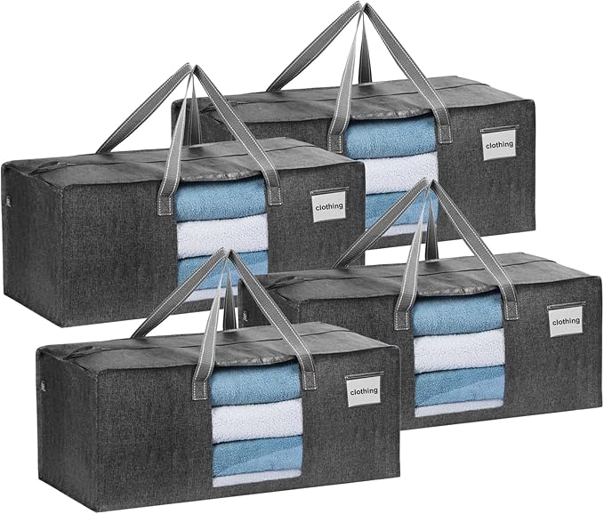 VENO 4 Pack Heavy Duty Moving Bags, Packing Bags with Clear Window, Alternative to Moving Boxes, Storage Bins for Clothes, Blankets, Comforters, College Dorm Essentials (Gray, 4 Pack)