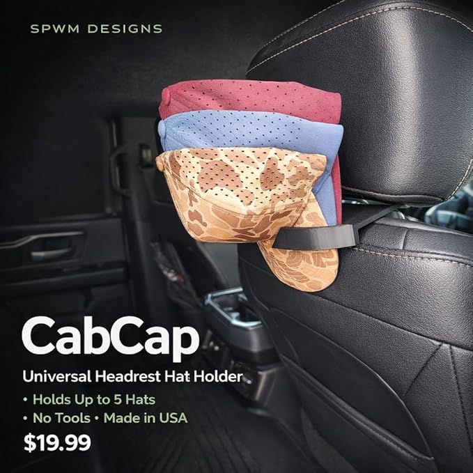 CabCap Headrest Hat Holder for Trucks and Cars — Patent Pending — Universal Baseball Cap Rack, Mounts Behind Seat Headrest, Holds Up to 5 Hats, No Tools Required, Made in USA