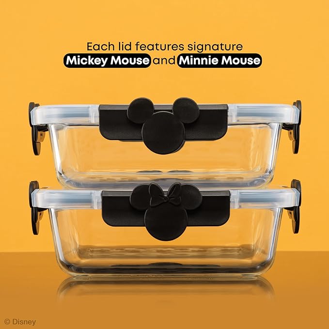 JoyJolt Disney Mickey & Minnie Glass Food Storage Containers with Lids, 2 Airtight Borosilicate Glass Storage Containers with Lids for Kitchen, Reusable Meal Prep Container, Disney Gifts | Black