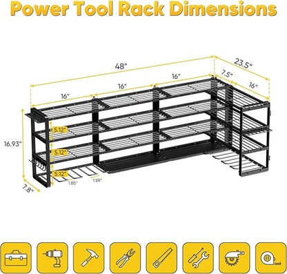 POKIPO Extra Large 64" W Power Tool Organizer Wall Mount, 1000 lbs Load Capacity, Heavy Duty 4 Tier Garage Storage Rack with 8 Drill Holders, 2 in 1 Corner or Straight Installation