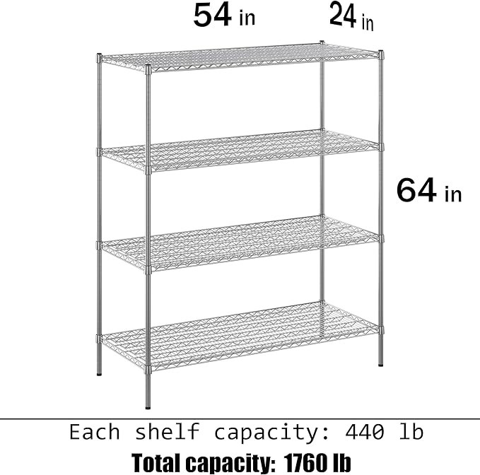 24" Deep x 54" Wide x 64" Height Wire Shelving Kit | 4-Tier | NSF Commercial Storage Rack Unit