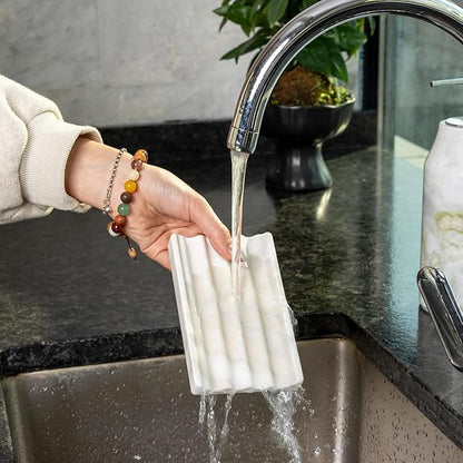 2 Pcs Soap Holder for Bathroom, Marble Soap Dish for Kitchen Countertop, Soap Tray Draining with Creative Wavy Design, Bar Soap Saver for Bath Tub, Sponges, Italian Natural Stone(Agiax)